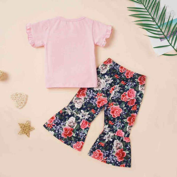 Round Neck PRETTY GIRL Graphic T-Shirt and Floral Print Pants Set