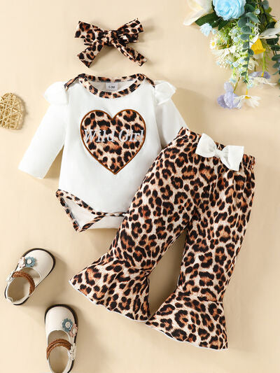 Letter Graphic Long Sleeve Bodysuit and Bow Leopard Pants Set