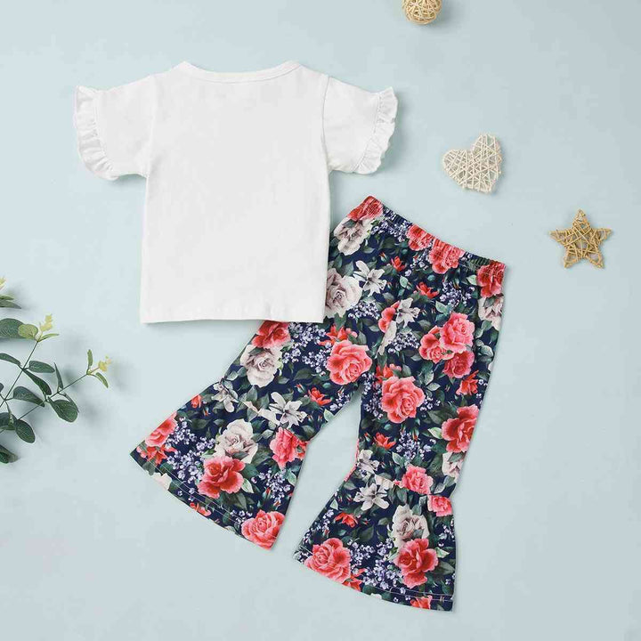 Round Neck PRETTY GIRL Graphic T-Shirt and Floral Print Pants Set