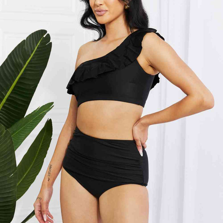 Marina West Swim Seaside Romance Ruffle One-Shoulder Bikini in Black