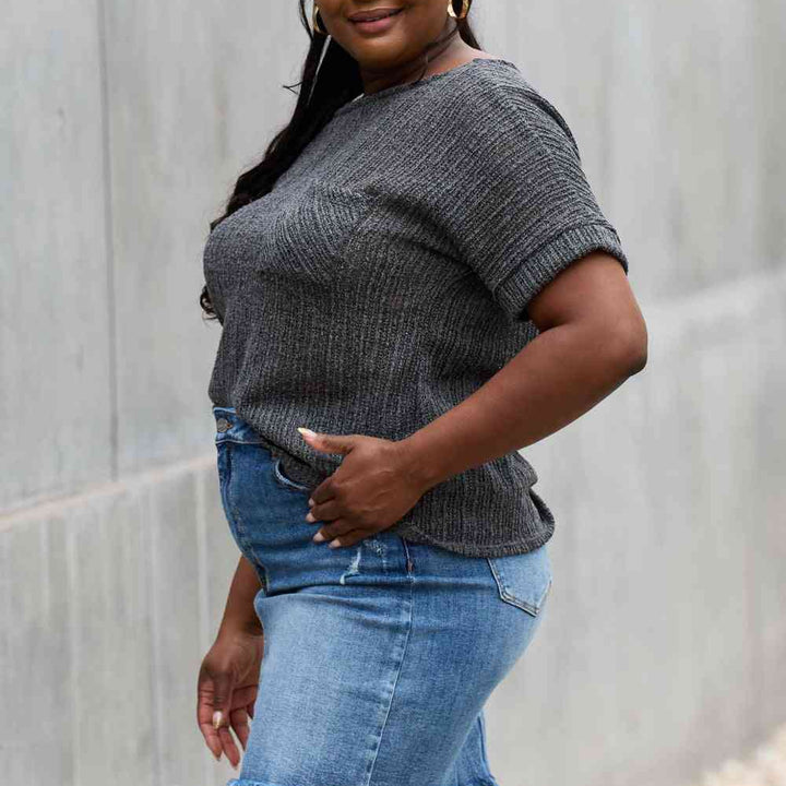 e.Luna Full Size Chunky Knit Short Sleeve Top in Gray