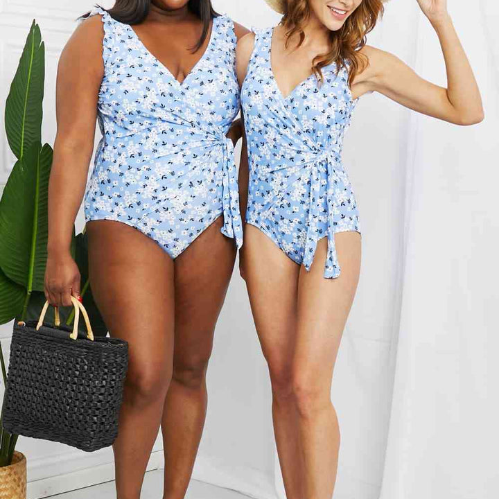 Marina West Swim Full Size Float On Ruffle Faux Wrap One-Piece in Blossom Blue