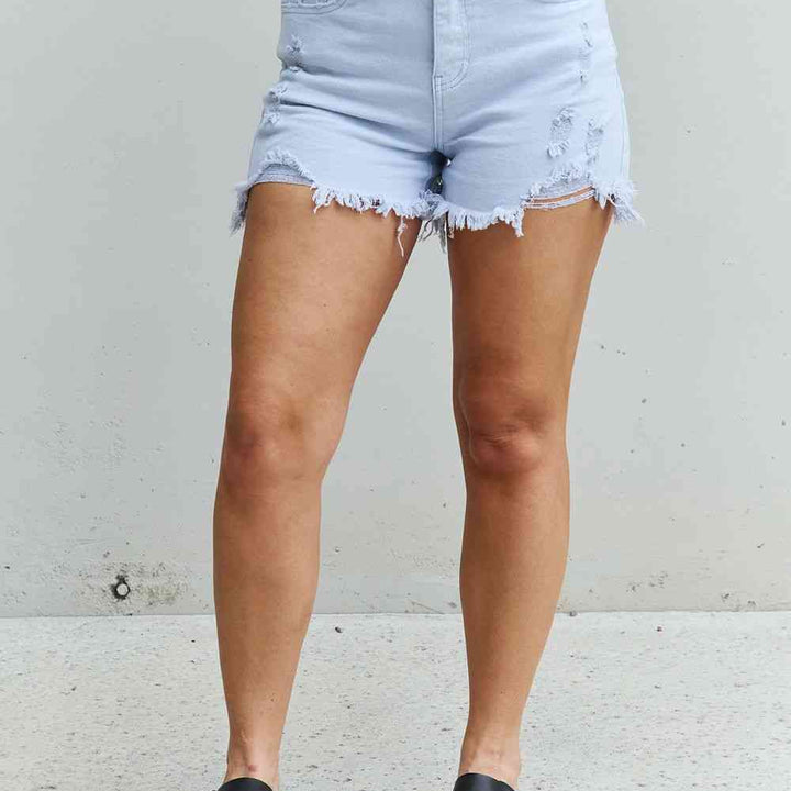 RISEN Katie Full Size High Waisted Distressed Shorts in Ice Blue