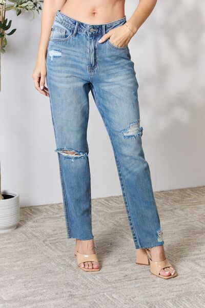 Blue Full Size Distressed Raw Hem Straight Jeans