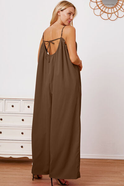 Ruffle Trim Tie Back Cami Jumpsuit with Pockets