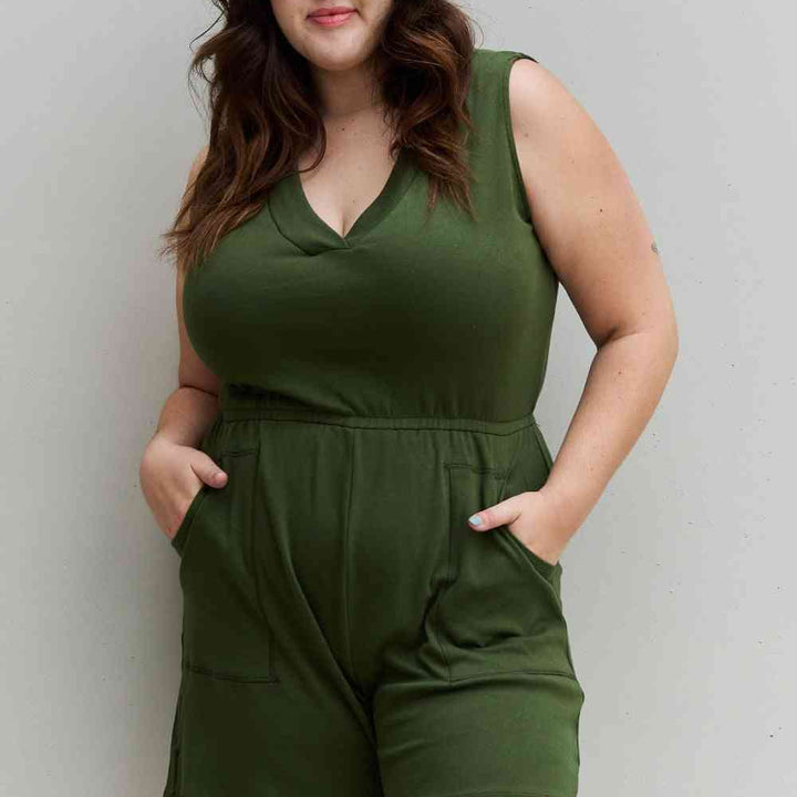 Zenana Forever Yours Full Size V-Neck Sleeveless Romper in Army Green