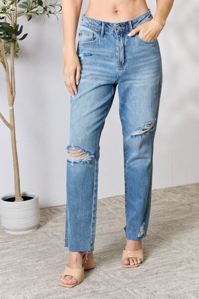 Blue Full Size Distressed Raw Hem Straight Jeans