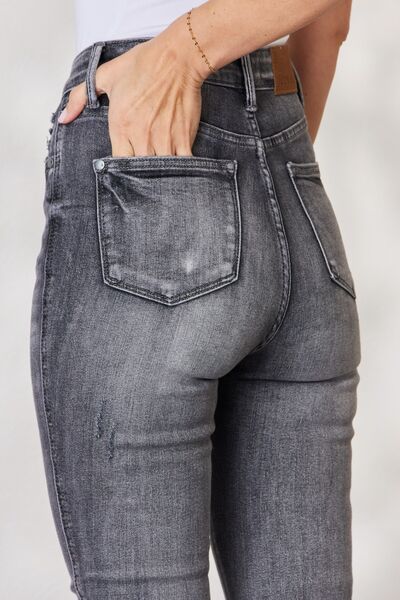 Blue Full Size High Waist Tummy Control Release Hem Skinny Jeans