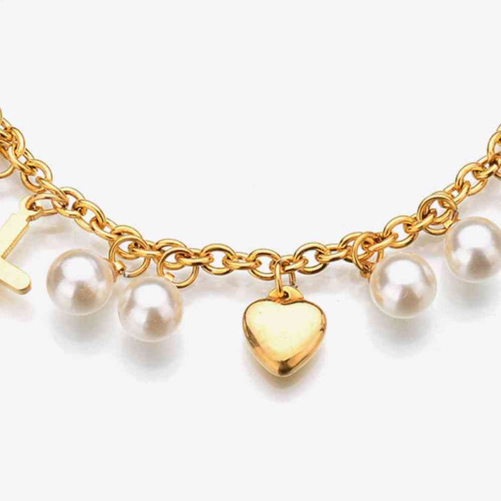 Heart Cross and Pearl Charm Stainless Steel Bracelet