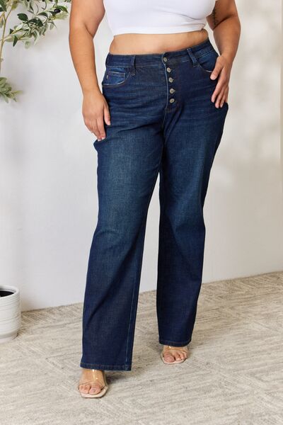 Blue Full-Size Button-Fly Straight Jeans